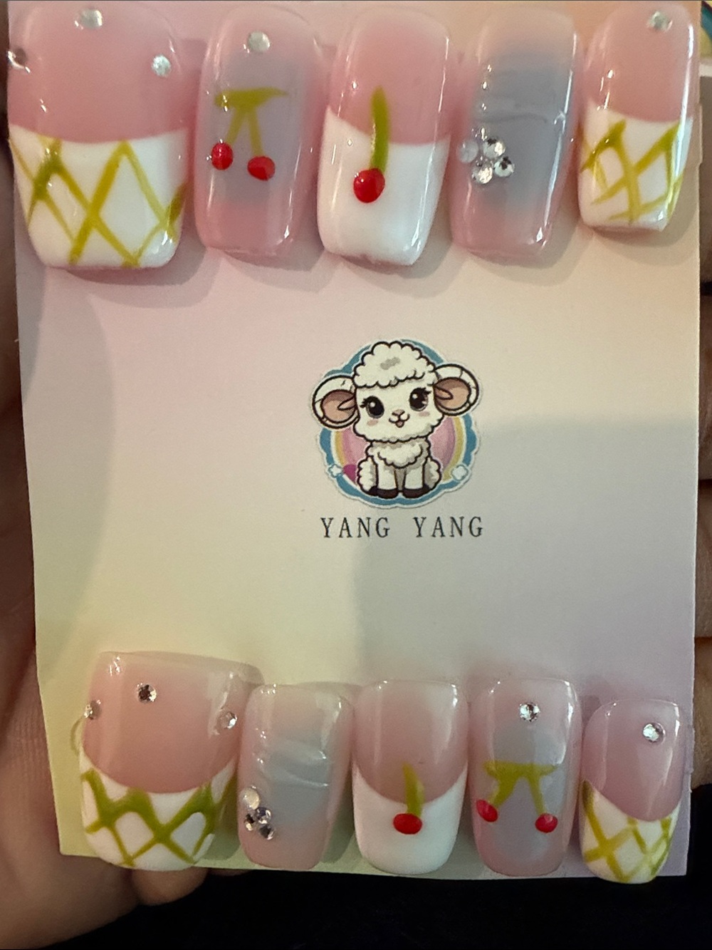 Cherry Accent handpainted acrylic Press-On Nails with Pink, White & Green